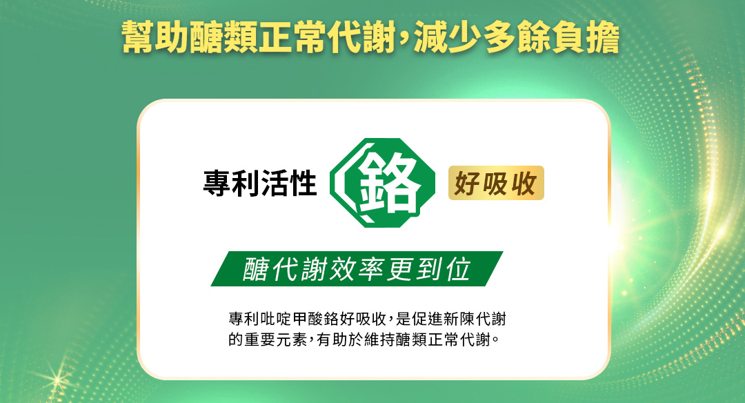 專利活性鉻，好吸收丶醣代謝效率更到位，專利吡啶甲酸鉻好吸收，是促進新陳代謝的重要元素，有助於維持醣類正常代謝。